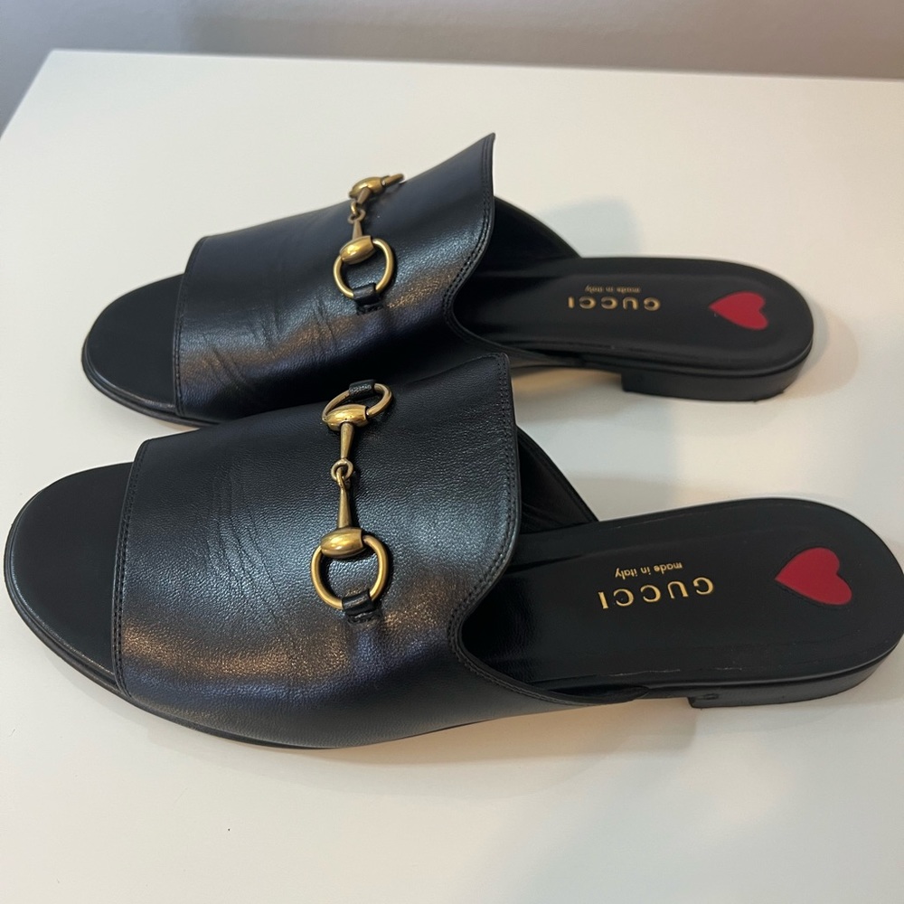 Gucci Horsebit Black Leather Magala Kid Slide Sandals size 37 1/2